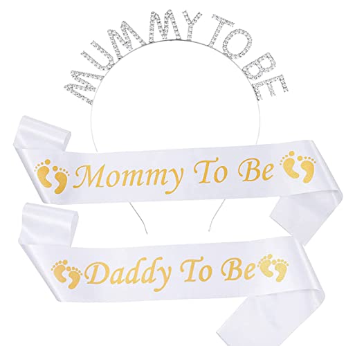 3 Stück Mummy to Be Crown, Mummy to Be Schärpe und Daddy to Be Schärpe, Baby Shower Schärpe Set Baby Shower Party Dekorationen Baby Willkommen Party Dekorationen (Weiß) von Wenplus
