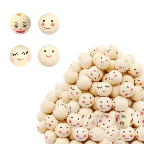 Wenrou 120 Stück Niedlich Holzkugeln Mit Gesicht, Holzperlen Mit Gesicht, Smiley-Holzperlen, Natur Holzköpfe Mit Gesicht, Lächeln Holzperle, Geeignet Für Selbstgemachte Armbänder, Halsketten, Schmuck von Wenrou