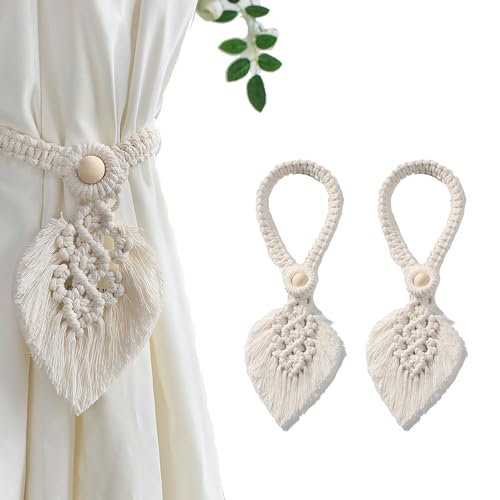 2 Stück Raffhalter Boho Vorhanghalter, Boho Vorhang Raffhalter, Vorhang Raffhalter Baumwolle Makramee, Vorhang Seil Schnallen, Gardinenhalter Tiebacks, Für Wohnzimmer, Schlafzimmer (Beige) von Wenrou