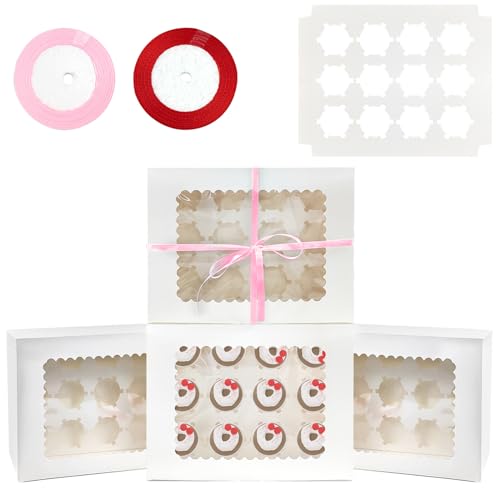 12-Packungen Groß Weiß Cupcake Box mit Geschenkband Cupcake Container mit Fenster 32.5x25x9cm Cupcake Carriers Box von Wensdr
