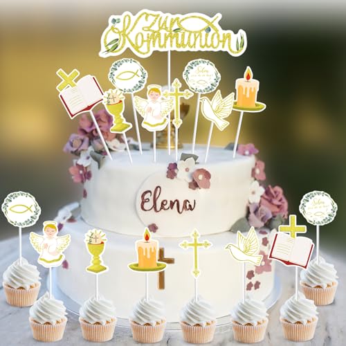 17Stück Tortendeko Kommunion, Zur Kommunion Cake Topper, Erstekommunion Kuchendeko, Tortenstecker Kommunion Konfirmation Taufe für Junge Mädchen Fische Taube Engel Kreuz Muffin Deko von Wentsent