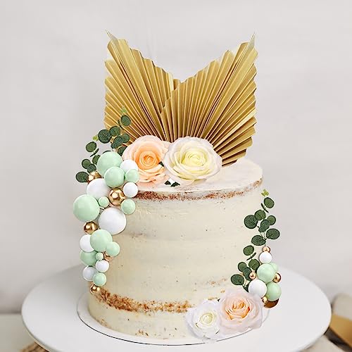 30 Stück Boho Tortendeko Blumen, Grün Golden Tortendeko Kugeln, Palmblätter Tortenaufsatz, Happy Birthday Cake Topper Kuchen Topper für Hochzeit, Geburtstag, Babyparty von Wentsent