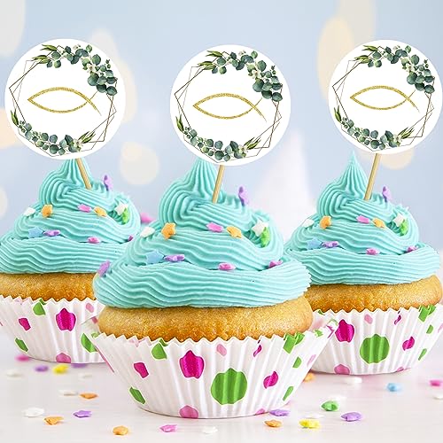 50 Stücke Taufe Cupacake Topper Fisch Kommunion Cake Topper für Junge Mädchen Konfirmation Tortendeko Tortenstecker für Kuchen Fondant Dessertdeko von Wentsent