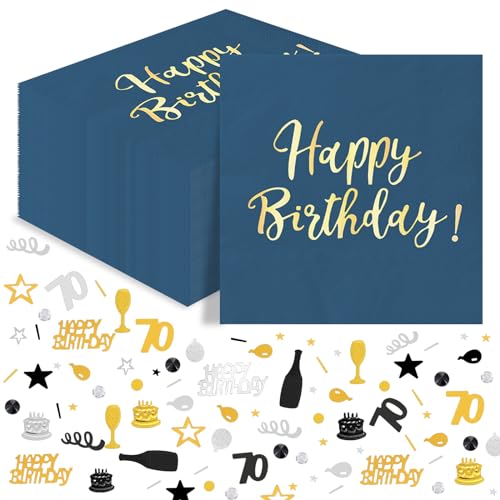 70 Geburtstag Tischdeko, 40Stück Happy Birthday Servietten Blau Gold + 15g 70. Geburtstag Konfetti Schwarz Gold, 70er Geburtstag Papierservietten Konfetti Tischdeko für Mann Frau von Wentsent