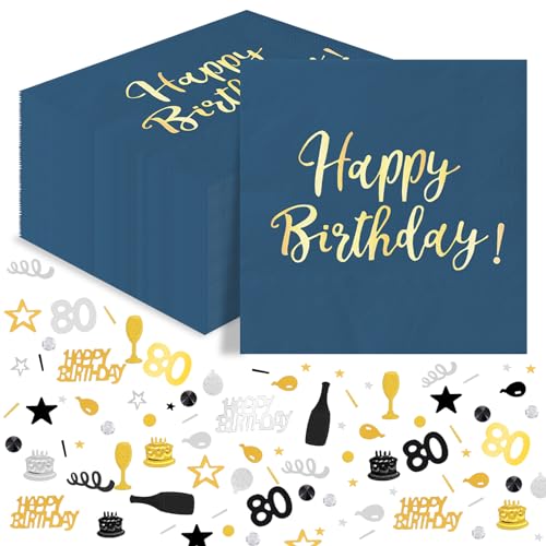 Wentsent 80. Geburtstag Tischdeko: 40Stück Happy Birthday Servietten Blau Gold + 15g Konfetti Schwarz Gold, Servietten aus 2-lagigem Papier, für Mann oder Frau von Wentsent
