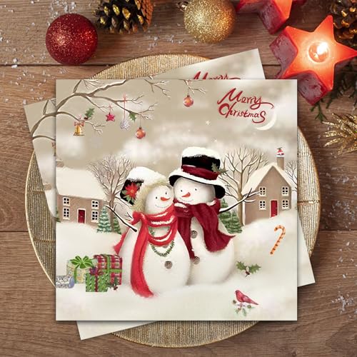 80Stück Weihnachten Servietten, Merry Christmas Servietten, Schneemann Pärchen Papierserviette,Weihnachtliche Tischdekoration, Weihnachtsbaum Winter Paper Napkins, 3-lagig Xmas Servitten von Wentsent