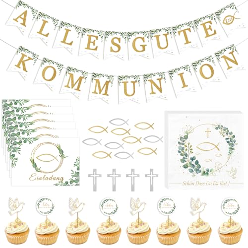 Kommunion Deko,Servietten Eukalyptus Fisch+Fisch Konfetti+Kommunion Einladungskarten+GoldTaube Tortendeko+Kreuz Tischdeko+Girlande Alle Cutes Zum Kommunion Deko für Jungen Mädchen Taufe Konfirmation von Wentsent