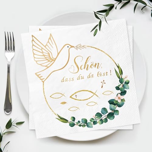 Servietten Kommunion, Wentsent 40 Stück Servietten Schön dass du da bist GoldTaube Fisch Grün Eukalyptus Kranz, 3 Lagig Papierservietten Tischdeko für Taufe, Kommunion Konfirmation Jungen Mädchen Servietten Kommunion, Wentsent 40 Stück Servietten Schön dass du da bist GoldTaube Fisch Grün Eukalyptus Kranz, 3 Lagig Papierservietten Tischdeko für Taufe, Kommunion Konfirmation Jungen Mädchen von Wentsent