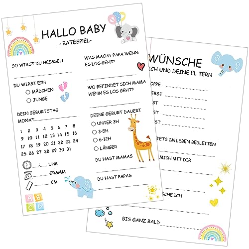 Wentsent 25x Babyparty Ratespiel Karten zum Ausfüllen, Gender Reveal Party, Babyshower Rätsel, Babyparty Spiele Tippkarten für Jungen und Mädchen von Wentsent