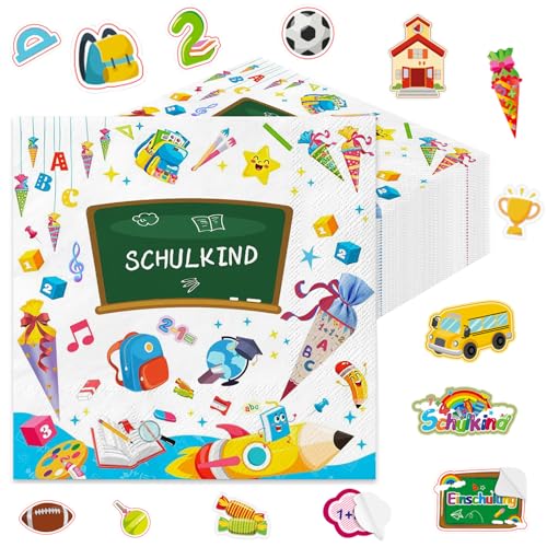 Wentsent Einschulung Deko, 40Stück Servietten Schulanfang + 100Stück Konfetti Aufkleber Einschulung Zuckertüten ABC 123 Set,Schulkind Deko Schuleinführung Deko 1. Schultag Tischdeko für Mädchen Jungen von Wentsent