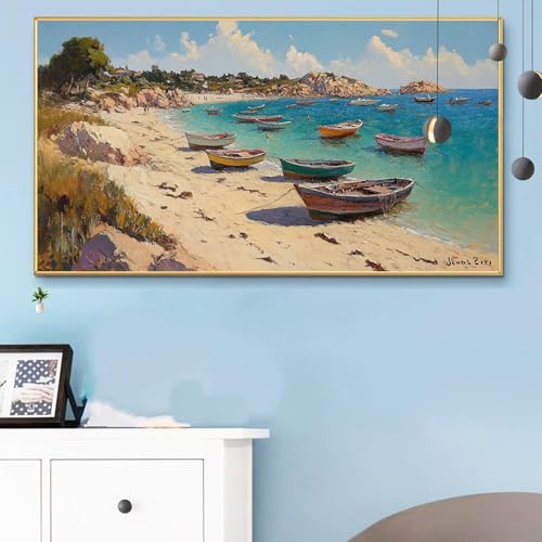 Malen Nach Zahlen Boot, Malen Nach Zahlen Erwachsene Küsten Paint by Numbers Handgemalt Ölgemälde Kit für Anfänger mit Pinseln und Acrylfarben, Halloween Deko Wohnzimmer,Frauen Geschenke 40x90 Q6-639 von Weoqion