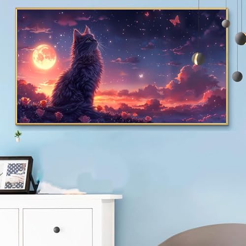 Malen Nach Zahlen Katze, Malen Nach Zahlen Erwachsene Mond Paint by Numbers Handgemalt Ölgemälde Kit für Anfänger mit Pinseln und Acrylfarben, Halloween Deko Wohnzimmer, Geschenke 60x120CM Q6-753 von Weoqion