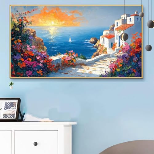 Malen Nach Zahlen Küsten, Malen Nach Zahlen Erwachsene Architektur Paint by Numbers Handgemalt Ölgemälde Kit für Anfänger mit Pinseln Acrylfarben, Halloween Deko Wohnzimmer, Geschenke 80x160cm Q6-661 von Weoqion
