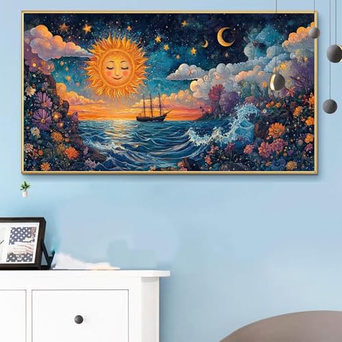 Malen Nach Zahlen Landschaft, Malen Nach Zahlen Erwachsene Sonne Paint by Numbers Handgemalt Ölgemälde Kit für Anfänger mit Pinseln und Acrylfarben, Halloween Deko Wohnzimmer, Geschenke 50x100cm Q6-71 von Weoqion