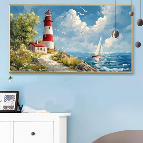 Malen Nach Zahlen Leuchtturm, Malen Nach Zahlen Erwachsene Landschaft Paint by Numbers Handgemalt Ölgemälde Kit für Anfänger mit Pinseln und Acrylfarben, Deko Wohnzimmer, Geschenke 70x140 cm Q6-17 von Weoqion