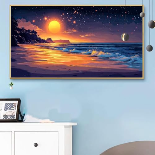 Malen Nach Zahlen Mond, Malen Nach Zahlen Erwachsene Strand Paint by Numbers Handgemalt Ölgemälde Kit für Anfänger mit Pinseln und Acrylfarben, Halloween Deko Wohnzimmer, Geschenke 40x90cm Q6-831 von Weoqion