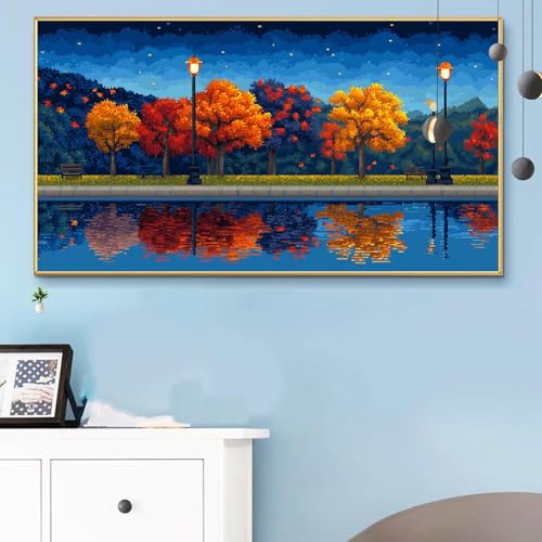 Malen Nach Zahlen See, Malen Nach Zahlen Erwachsene Baum Paint by Numbers Handgemalt Ölgemälde Kit für Anfänger mit Pinseln und Acrylfarben, Halloween Deko Wohnzimmer,Frauen Geschenke 50x100cm Q6-501 von Weoqion