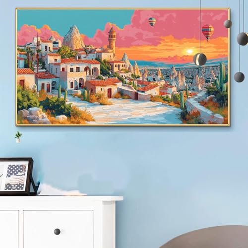 Malen Nach Zahlen Stadt, Malen Nach Zahlen Erwachsene Heißluftballon Paint by Numbers Handgemalt Ölgemälde Kit für Anfänger mit Pinseln und Acrylfarben, Deko Wohnzimmer, Geschenke 100x200CM Q6-263 von Weoqion