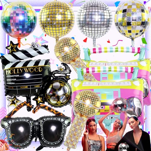 Weploda 10 Stück 22 Zoll Disco Helium Luftballons, 4D Disco Party Deko Ballons, Mehrfarbige Disco ballons, Folienballon Disco, Retro-Ballon-Radio-Mikrofon-Kamera-Brillen-Set mit Leopardenmuster von Weploda