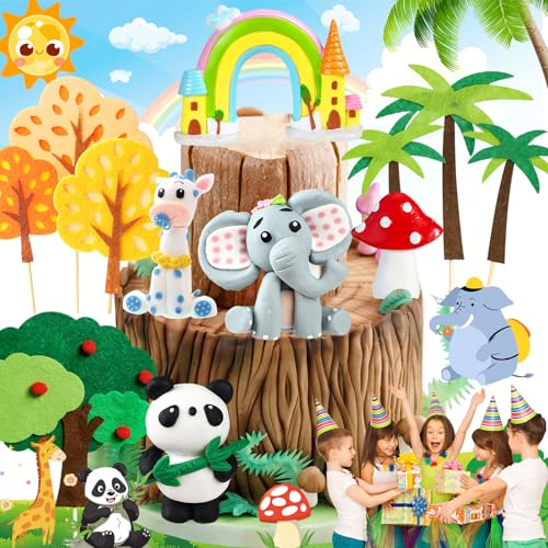 Weploda 12 Stück tortendeko wald tiere, Safaritiere kuchendekoration, Dschungel party kuchen deko bäume, Waldtiere kuchen deko für kinder geburtstag, Giraffe elefant panda kuchendekoration von Weploda