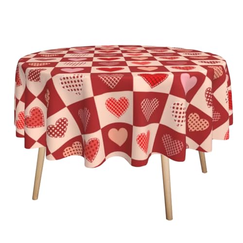 Valentinstag-Tischdecke – karierte Herz-Tischdecken | Valentinstag-Tischdecke | romantische, runde Tischdecke 152,4 cm | maschinenschmutzabweisende Tischdecke für Küche, Esszimmer von Weppduk