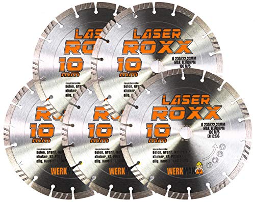 Werkmax, Diamant Trennscheibe 230 mm, 5er-Set Diamantscheibe Laser Roxx, Neuentwicklung für Beton, Pflasterstein, Ziegel, Granit, Naturstein Werkmax, Diamant Trennscheibe 230 mm, 5er-Set Diamantscheibe Laser Roxx, Neuentwicklung für Beton, Pflasterstein, Ziegel, Granit, Naturstein von Werkmax