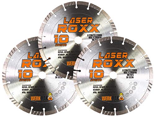 Werkmax Diamanttrennscheibe 230 mm. 3-er SET. Laser Roxx Diamantscheibe für Beton, Pflasterstein, Ziegel, Granit, Naturstein Werkmax Diamanttrennscheibe 230 mm. 3-er SET. Laser Roxx Diamantscheibe für Beton, Pflasterstein, Ziegel, Granit, Naturstein von Werkmax