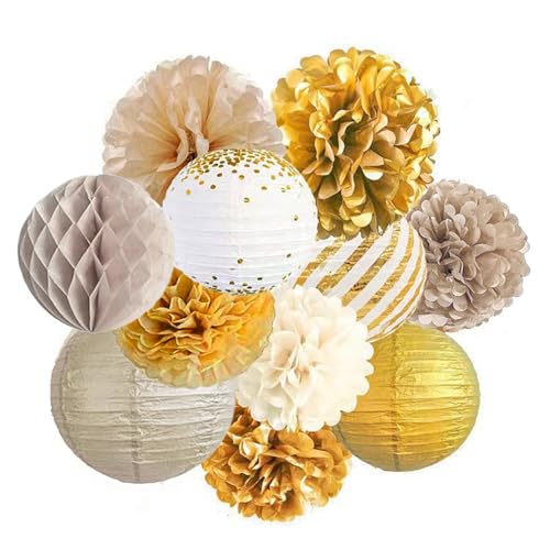 Werownsgso Pompons Deko Hochzeit, Pompons Papier Blume Deko，Wabenbälle Girlande, Party Deko für Wedding Decoration，Geburtstag Tischdeko，Baby Shower，Garten Hochzeitsdeko ，Valentinstag (Gold) von Werownsgso