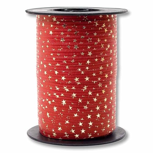 Geschenkband, Polyband, Packpapieroberfläche, Rot/Gold, Sterne, 10mm x 100m, 1 Rolle(n) von Wertpack