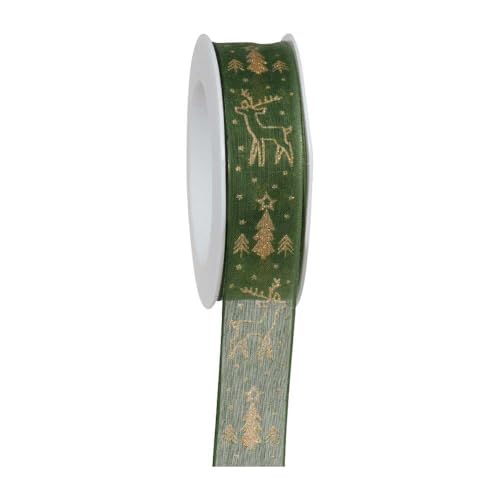 Geschenkband grün Rentier/Tannen gold 25 mm x 18 m, 1 Rolle(n) von Wertpack