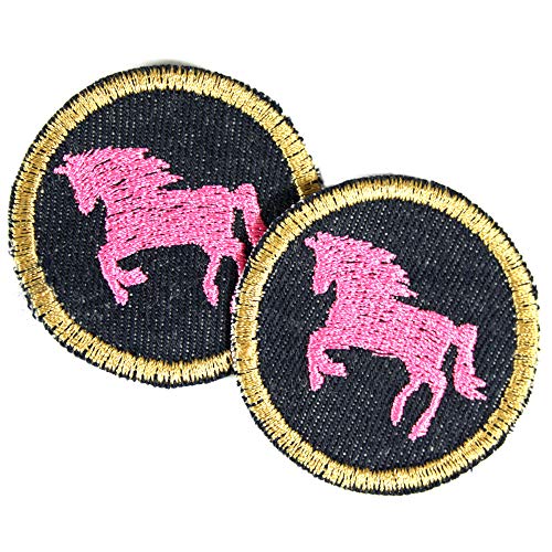 2 Bügelflicken Pferd Aufbügler ø 5cm mini Bügelbilder runde Flicken zum aufbügeln rosa Pferde Applikation von Wertstueck Flickli