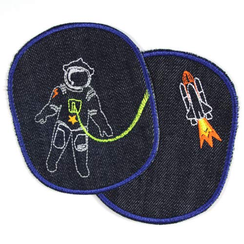 2 Hosenflicken Astronaut XL Flicken 12 x 10cm Space Shuttle organic Jeans Knieflicken zum aufbügeln Weltraum Raumschiff/Raumfahrer Aufbügler von Wertstueck Flickli