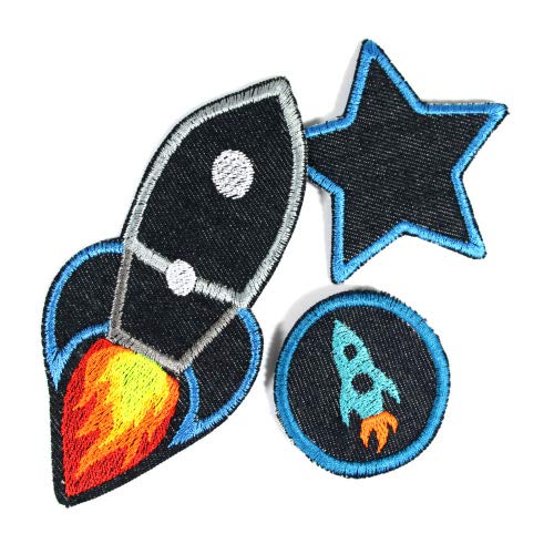 3 Bügelflicken Raketen Stern Weltraum Flicken zum aufbügeln Jeans blau Hosenflicken Patches Space Bio Aufbügler Weltall coole Bügelbilder für Kinder von Wertstueck Flickli