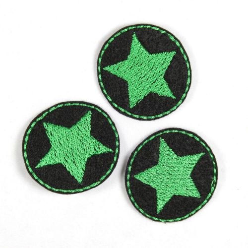 Aufbügler Flicken Bügelbild klein rund 3er Set Bügelflicken Patches Stern grün auf schwarz mini 3,5 cm 3 Stück von Wertstueck Flickli