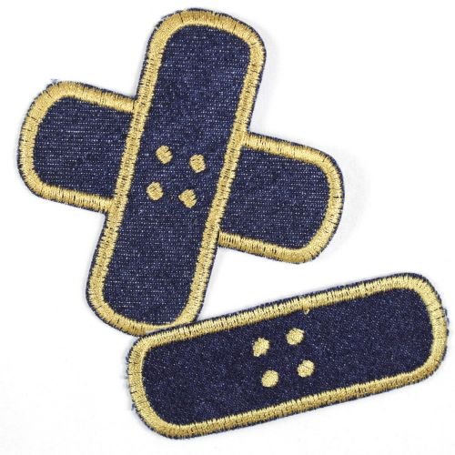 Bügelflicken 2 Pflaster Bügelbilder gestickte Aufbügler Jeans blau gold Set klein mittel Flicken zum aufbügeln Jeans Patches für Kinder und Erwachsene zum Jacken und Hosen reparieren von Wertstueck Flickli