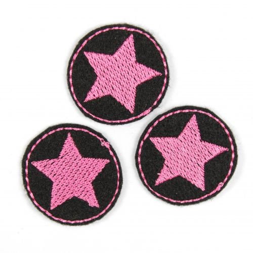 Bügelflicken Aufbügler rund 3er Set mini Stern rosa auf schwarz Bügelbild patches Sterne klein zum aufbügeln im Set Bügelbilder von Wertstueck Flickli
