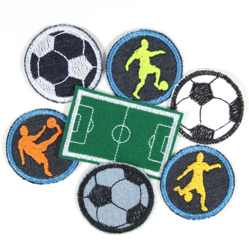 Bügelflicken Fußballer Paket 7 Flicken zum aufbügeln 5cm ø Fußball Bügelbild 4,7 x 7 cm Fußballplatz Aufbügler Fanartikel Accessoires für Kinder und Erwachsene von Wertstueck Flickli