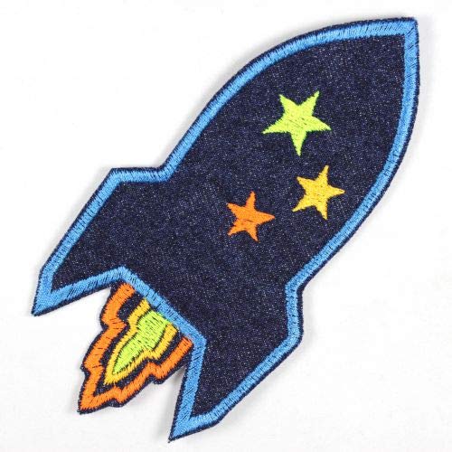 Bügelflicken Rakete Bio Jeans blau 14,4 x 7 cm Knieflicken Weltraum Flicken zum aufbügeln mit Neon Sternen Aufbügler und Hosenflicken von Wertstueck Flickli