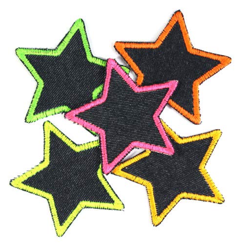 Bügelflicken Sterne Set neon organic Jeansflicken 7 cm 5 Flicken im bunten Aufbügler Flicken zum aufbügeln von Wertstueck Flickli