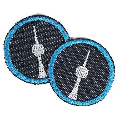 Bügelflicken rund Fernsehturm ø 5cm Aufbügler Berlin Patch silber auf Jeans blau petrol 5cm 2 Bügelbilder Flicken gestickte Applikation als Accessoires und Flicken zum aufbügeln von Wertstueck Flickli