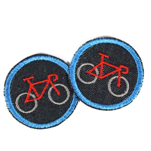 Fahrrad Flicken zum aufbügeln mini Patches Set 2 Bügelflicken Velo Applikation ø 5cm Aufbügler in rot blau organic Denim Jeansflicken Aufnäher bio von Wertstueck Flickli