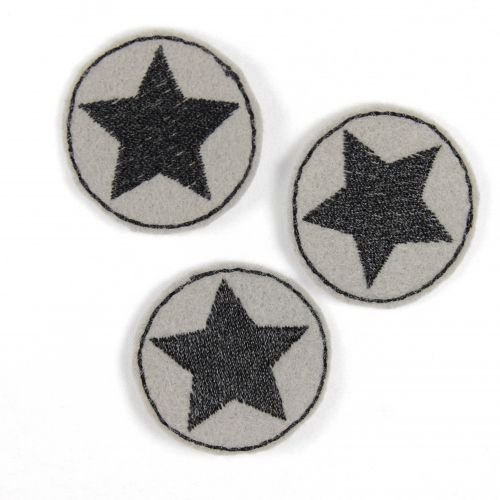 Flicken Bügelbild klein rund 3er Set Bügelflicken Aufbügler Stern schwarz auf grau 3,5 cm mini patches zum aufbügeln von Wertstueck Flickli