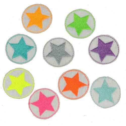 Flicken Stern Set 9 mini Bügelflicken Neon Sternchen Aufbügler ø 3,5cm bunte kleine Patches Hosenflicken weiße Aufbügelflicken von Wertstueck Flickli