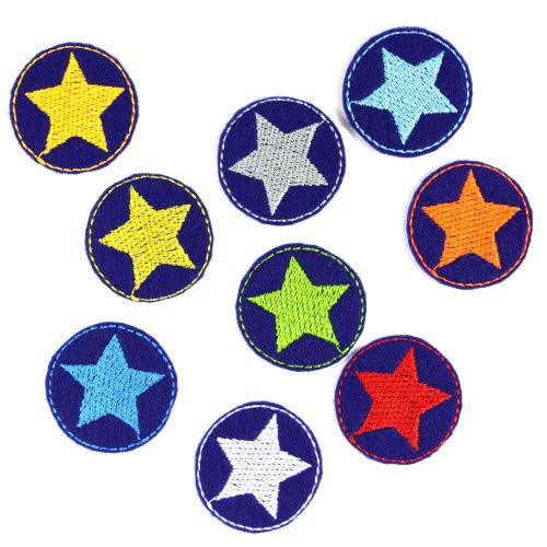 Flicken Stern Set 9 mini Bügelflicken Neon Sternchen ø 3,5 cm Aufbügler bunte kleine Patches Hosenflicken auf blau Aufbügelflicken von Wertstueck Flickli