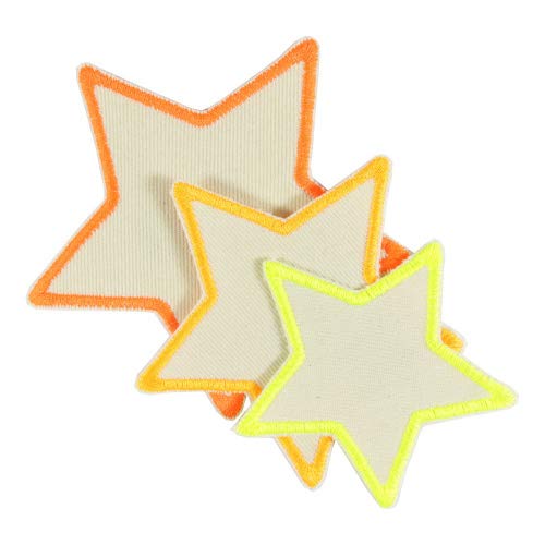 Flicken Sterne 3 Aufbügler neon auf Bio Baumwolle 7 cm/ca. 8 cm/ca. 10 cm Bügelbilder als Bügelflicken Canvas von Wertstueck Flickli
