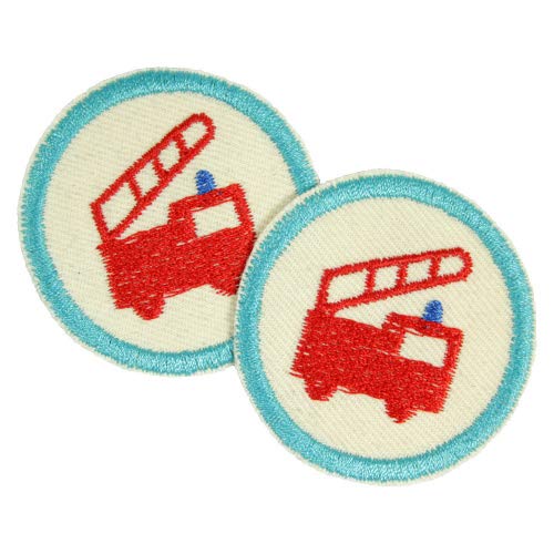 Flicken rund Feuerwehr auf Bio Stoff nature 2 Bügelbilder 112 Aufbügler für Jungs ø 5cm kleine Bügelflicken Patches mini Hosenflicken zum aufbügeln von Wertstueck Flickli