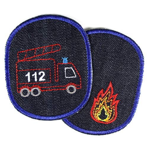 Flicken zum aufbügeln Feuerwehr 2 Bügelflicken 10 x 8cm Rettungswagen Hosenflicken Feuerwehrauto Knieflicken Aufbügler Fahrzeug 112 Bio Jeansflicken von Wertstueck Flickli