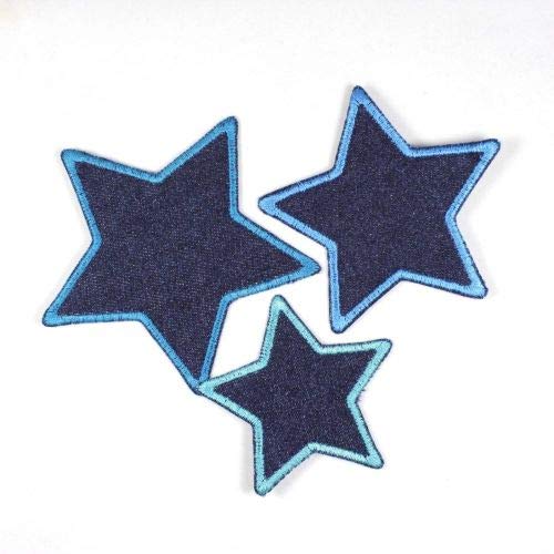 Flicken zum aufbügeln Set Sterne 3 Bügelflicken auf blue Jeans blau klein 7cm / mittel 8cm / groß 10cm Aufnäher als Bügelbilder geeignete Applikationen und Stern Accessoires gestickt von Wertstueck Flickli