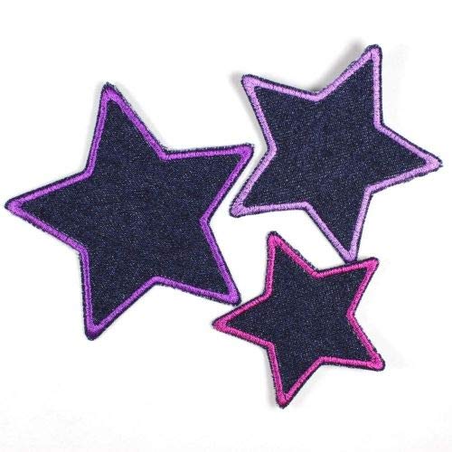 Flicken zum aufbügeln Set Sterne 3 Bügelflicken auf blue Jeans lila violet gestickt klein 7cm / mittel 8cm / groß 10cm Aufnäher als Bügelbilder geeignete Applikationen und Stern Accessoires gestickt von Wertstueck Flickli