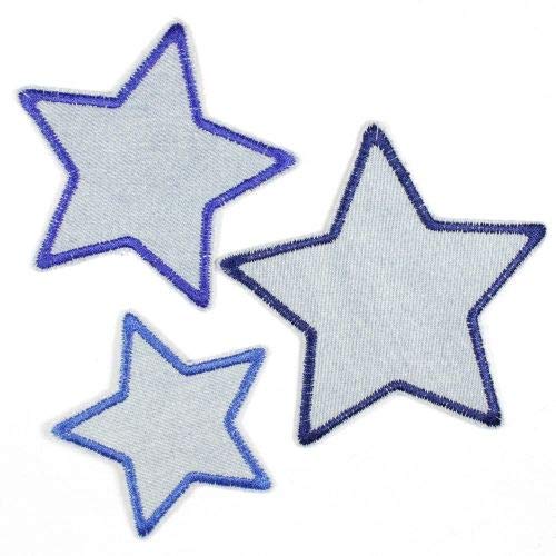 Flicken zum aufbügeln Set Sterne 3 Bügelflicken auf hellblau Jeans blau klein 7cm / mittel 8cm / groß 10cm Aufnäher als Bügelbilder geeignete Applikationen und Stern Accessoires gestickt von Wertstueck Flickli